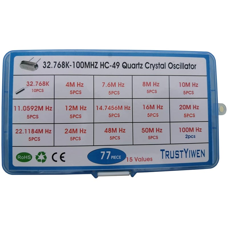 Ubarpt 15 Values 77 Pcs HC-49 Quartz Crystal Oscillator 32.768K 4 MHz, 7.6 MHz, 8 MHz, 10 MHz, 11.0592 MHz, 12 MHz,14.7456MHZ, 16 MHz, 20 MHz, 22.1184 MHz,24 MHz,48 MHz,50 MHz,100 MHz Assortment Kit - Image 2